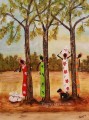 mujeres negras cerca de árboles africanos